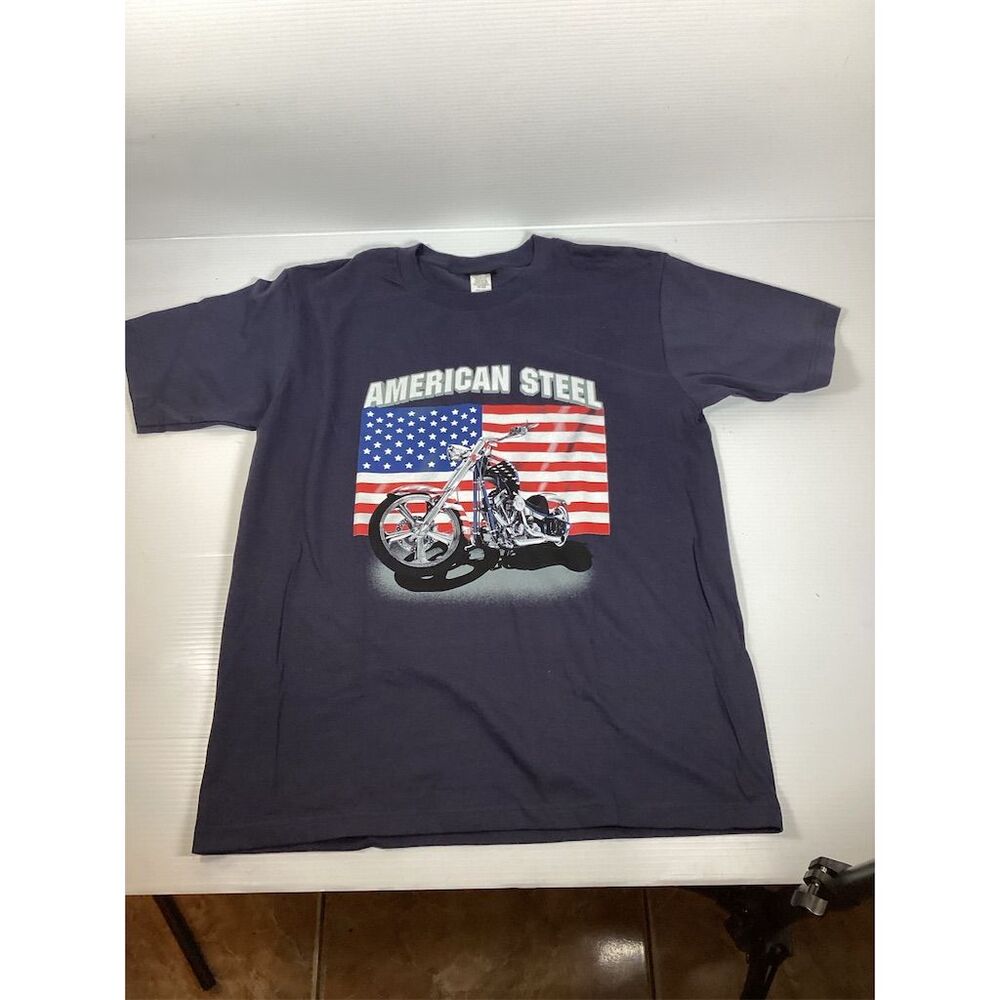 Vintage 90s American Steel Men's L Black Motorcycle T-Shirt USA Flag